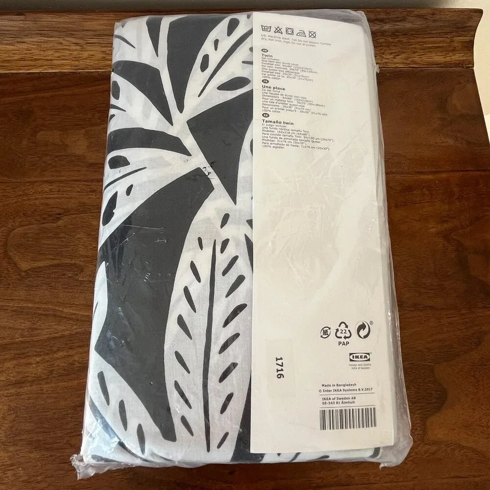 New IKEA Fagerginst Twin Duvet Cover & Pillowcase Set Black White Leaf Cotton